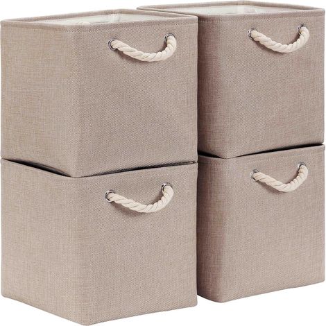 Stoffaufbewahrungswürfel – 4 Stück – Leinen und Vliesstoff – Faltbar – Für Schränke und Regale – 33 x 33 x 33 cm – Hellkhaki (1/5)