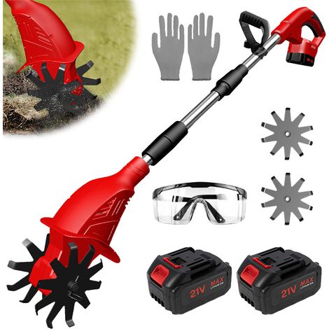 Cultivateur sans fil, débroussailleur agricole, cultivateur électrique 21V, puissance 500W, vitesse 360rpm, livré avec 2 piles, peut être utilisé pour débroussailler, désherber, semer (1/5)
