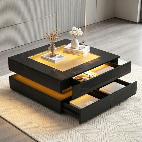 Table basse 70x70x35 cm noire avec LED et 3 tiroirs, plateau en verre, panneaux de bois, MEUBLIV (1/5)
