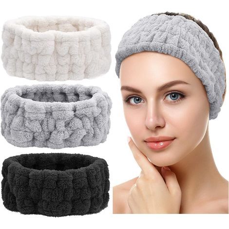 Fascia per capelli in pile color corallo, bianca, grigia e nera, 17,5 x 7,6 cm, set da 3, alta elasticità, adatta per lavarsi il viso e applicare mascherine. (1/5)