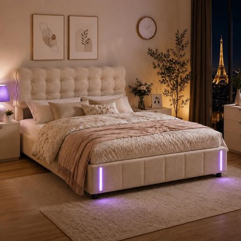 Lit coffre double adulte 140x190 cm avec rangement hydraulique, LED au pied du lit, velours beige capitonné (1/5)