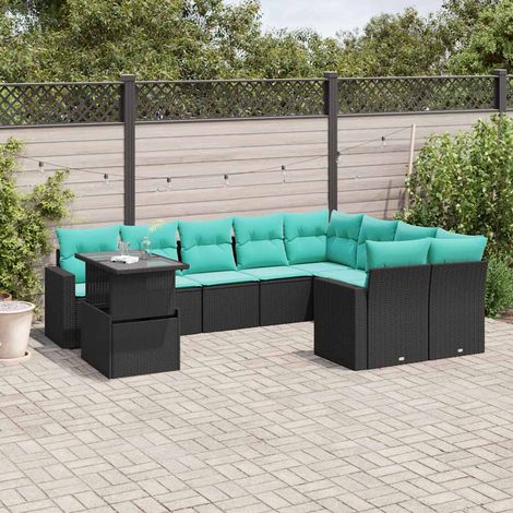 10-teiliges Gartensofa-Set mit Kissen, schwarzes Polyrattan (1/5)