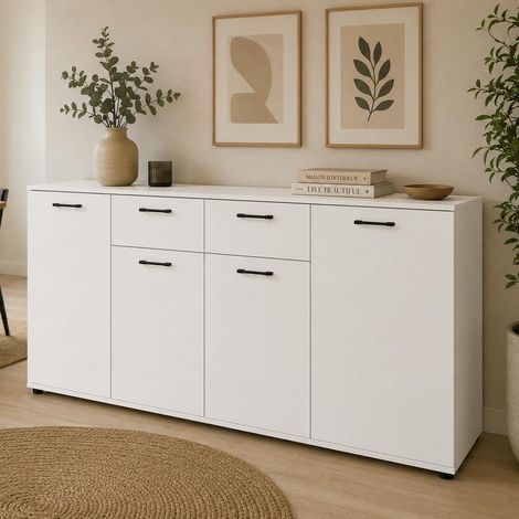 Buffet étroit blanc 4 portes 2 tiroirs ALVA (1/5)