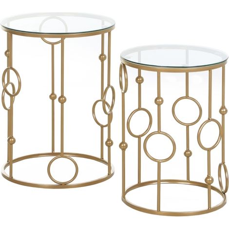 Set de 2 tables basses rondes avec plateau en verre et structure métal doré Ø41 x 57 cm (1/5)
