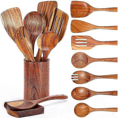 Ensemble d'ustensiles de cuisine en bois, 9 pièces, résistants à la chaleur et aux rayures. (1/5)