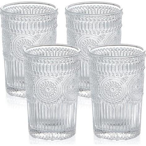 Water Glass, Vintage Drinking Glasses, Romantic Embossed Transparent Glasses, Tumblers for Juice, Drinks, Cocktails, 370ml Capacity (1/5)