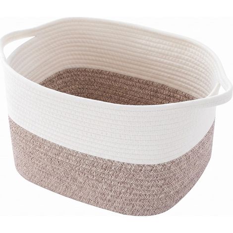 Panier de rangement tressé en corde de coton, panier de rangement avec poignées, panier pliable pour étagère, salon, chambre d'enfant, salle de bain, blanc et marron (46 x 36 x 30 cm) (1/5)