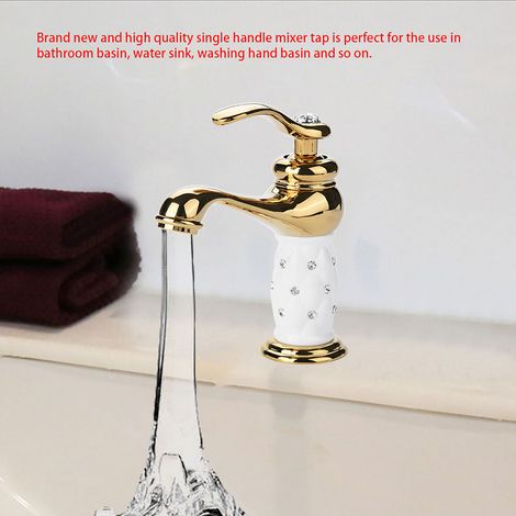 Robinet mitigeur laiton massif eau froide/chaude pour lavabo évier, doré, avec ornements décoratifs (1/5)