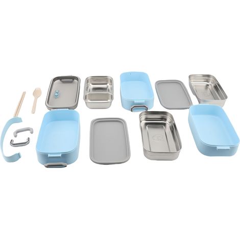 Boîte Déjeuner 304 Inox Étanche Empilable Container avec Baguettes Cuillère – École Bureau Camping 3 Couches, Bleu Clair (1/4)