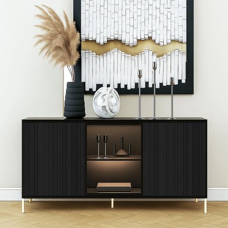 AX LIVING Schwarze Sideboard Benvie 154 cm – Glas & Lamellenfront