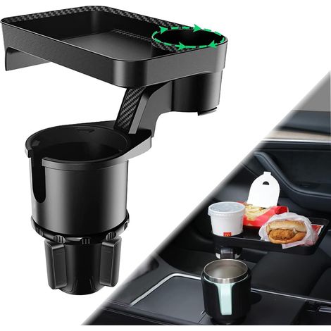 Portavasos multifuncional negro para coche con bandeja giratoria de 360° – base ajustable, gran tamaño, para uso diario.