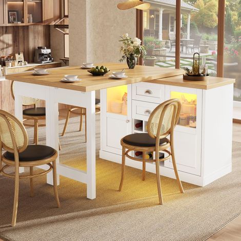 Table extensible pivotante 360° avec rangements, porte-bouteilles 9 bouteilles, meuble de cuisine multifonction avec éclairage LED, 120 à 197 cm,Blanc