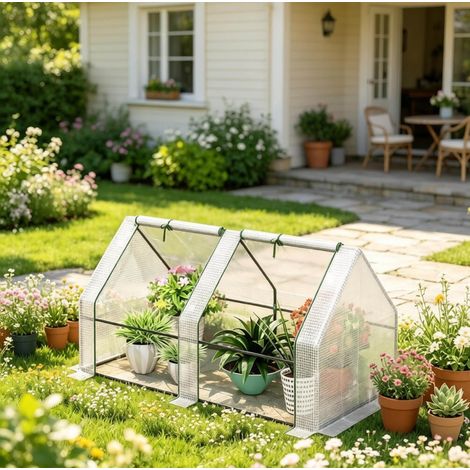Mini invernadero de jardín 180 x 90 x 90 cm con 2 ventanas enrollables, acero y polietileno blanco (1/5)