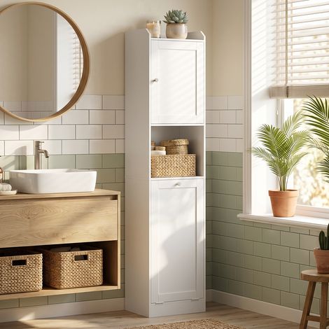 Meuble Salle de Bain Haut avec Panier Rabattable et Étagères, 40x30x170 cm, Blanc (1/5)
