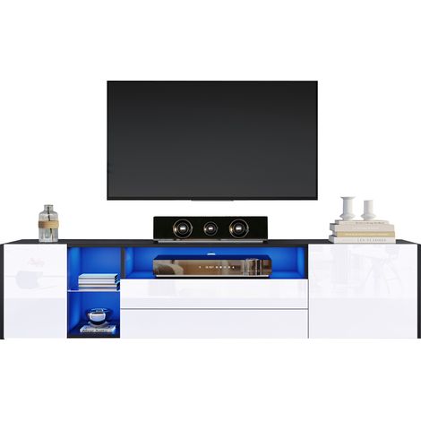 180 × 40 × 45 cm Meuble TV sur pied, lowboard LED brillant avec 2 tiroirs et 2 placards, adapté aux téléviseurs jusqu’à 75 pouces, finition noir et blanc