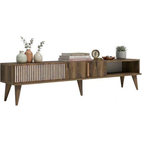 TV-Schrank Ofena, 2 Türen, Klappöffnung, 3 Fächer, 180x35x40h cm Nussbraun