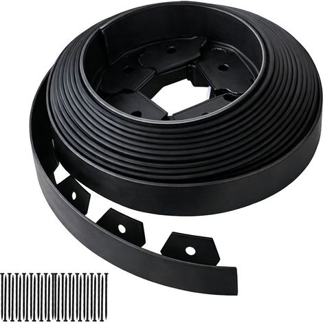 Bordure de pelouse, 10 m x 5 cm, plastique, bordure flexible pour parterres, 30 piquets, noir (1/5)