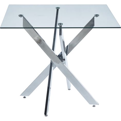 Quadratischer Esstisch aus gehärtetem Glas mit gekreuzten Metallbeinen, silber 80x80x75 cm (1/5)
