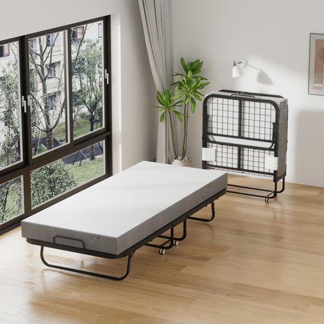 Randaco Klappbett mit Matratze 90x200 cm, faltbares Gästebett mit Metallrahmen, Rollen und Staubhülle (1/5)