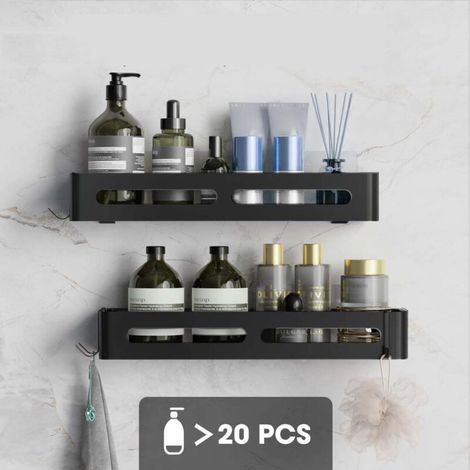 [JAMAIS UTILISÉ] 2pcs Porte-Douche Adhésif XXL Noir, Étagères Douche Inox Antirouille sans Perçage, Organiseur Salle de Bain, Rangement Mural Douche Design (1/4)