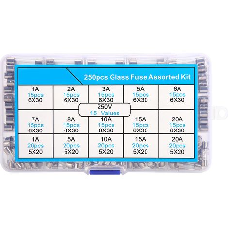 Kit de 250 Fusibles en Verre 6x30mm et 5x20mm, Assortiment 1‑20A 250V pour Protection Électrique et Isolation Thermique