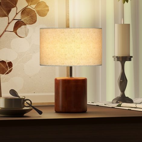 Rustikale Tisch- und Nachttischlampe mit Holzfuß, Leinenschirm, Kippschalter, Braun