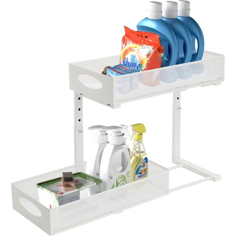 Trintion Unter Waschbecken Regal Höhenverstellbar 2 Etagen Küchen Organizer mit Ausziehbaren Schubladen & Haken Spülschrank Organizer für Küche Bad Gewürzregal (Weiß) (1/5)