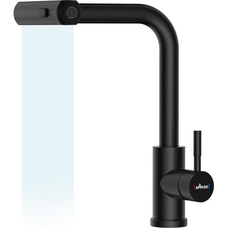 APPASO Waterfall Tap Black, Waterfall Black Kitchen Mixer Tap with Pull Out Spray, Stainless Steel Sink Taps with 3 Functions, 360° Swivel Single Handle Kitchen Tap Mixer 1 Hole, Kitchen Faucet, Black (1/5)