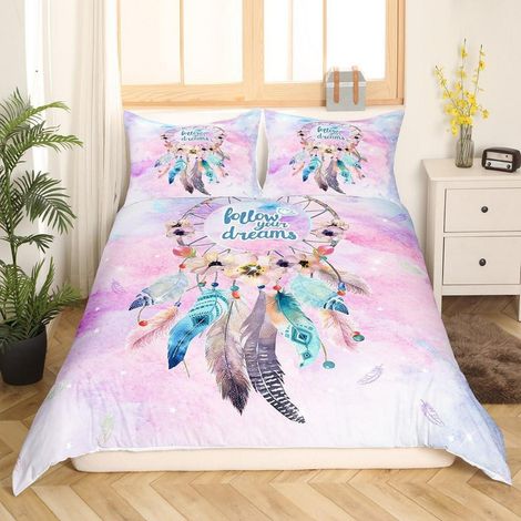 Ensemble de literie 200x200cm avec motif attrape-rêves, fleurs & plumes, rose violet