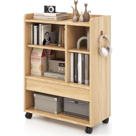 COSTWAY Mobile Storage Cabinet Floor Storage Organizer w/Drawer-Natural