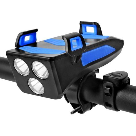 Fahrradlicht, 4-in-1 USB-wiederaufladbares wasserdichtes Fahrradlicht, Frontlicht mit Hupe und Halterung für Mobiltelefon und 4000 mAh Powerbank, für Mountainbikes und Hybridräder (Blau) (1/5)
