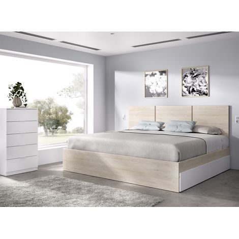 DEKIT GRUPO RIMOBEL HAVANA PACK - CONJUNTO DE CABEZAL DE 3 PLAFONES CON 4 CAJONES, ARO DE CAMA 135/140X190 Y XIFONIER DE 5 CAJONES - NATURAL / BLANCO (1/5)