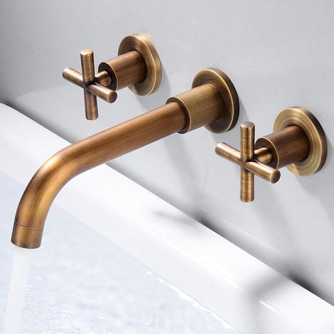 Retro 3-hole wall-mounted washbasin tap – Antique rotating handle, elegant bathroom design (1/5)