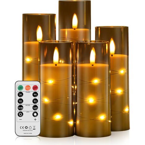 5 Stück LED Kerzen Lichterkette mit Fernbedienung & Timer, Batteriebetriebene Kerzen Dimmbar Eingebaute Lichterkette Kerzen Acryl Flammenlose Kerzen für Wohndekoration - Grau (1/5)