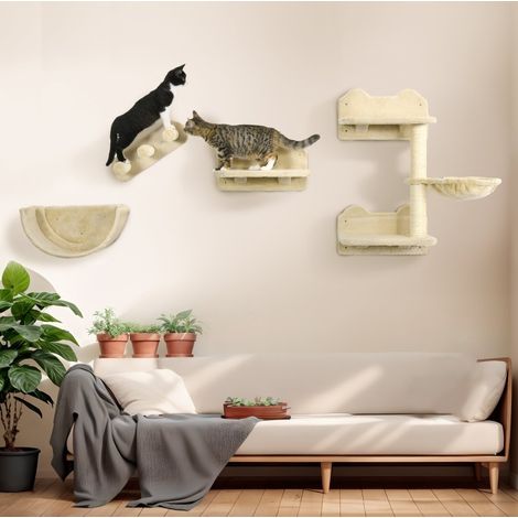 Arbre à chat mural 4 pièces avec panier, plateforme, escalier et griffoir en beige (1/5)