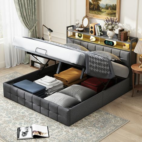Letto contenitore 140 x 190 cm - letto imbottito con apertura idraulica - testiera spessa capitonné - illuminazione LED con telecomando - USB + Type-C - struttura letto - Grigio (1/5)