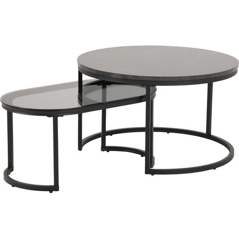 Conjunto mesa de centro Norsica 381 , 42x0x0cm, Diámetro: 70, MDF, Vidrio templado, Ovalada, Redonda