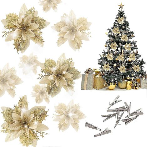20 flores de Pascua navideñas con 20 clips, flor artificial dorada brillante para árbol de Navidad. (1/5)
