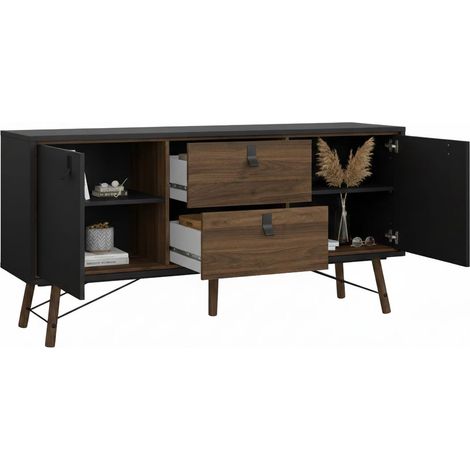 Dmora - Kommode Manyi, Wohnzimmerbuffet, Wohnzimmer-Sideboard, Moderne Küchen-Speisekammer, 150x40 h72 cm, Schwarz und Walnuss