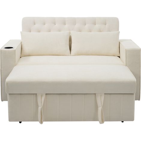 Divano letto, schienale regolabile, divano da 2 posti con portabicchieri e 2 cuscini, mensola portaoggetti, porta USB, in tessuto, beige (1/5)