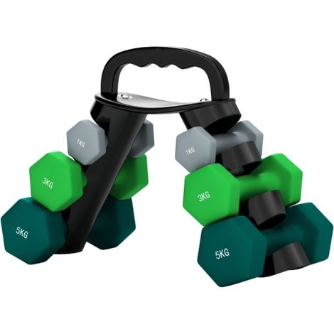 Juego de mancuernas con soporte de almacenamiento, juego de 6 mancuernas para entrenamiento físico, 2 de 1 kg, 2 de 3 kg, 2 de 5 kg. Disponible en tienda. (1/5)