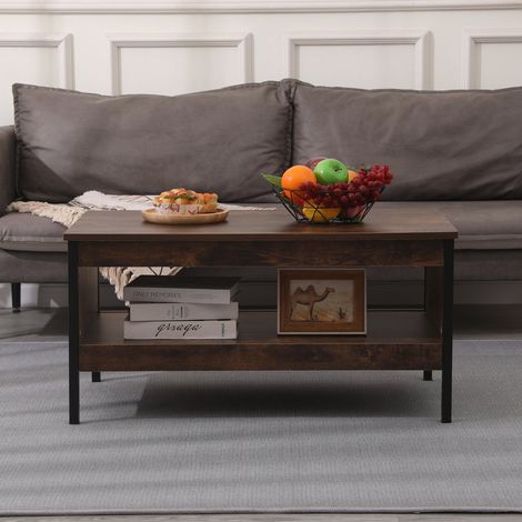 Retro Industrial Style Living Room Lamp Coffee Table with Shelf,Burning Wood Colour,85x47x42cm(WxDxH)