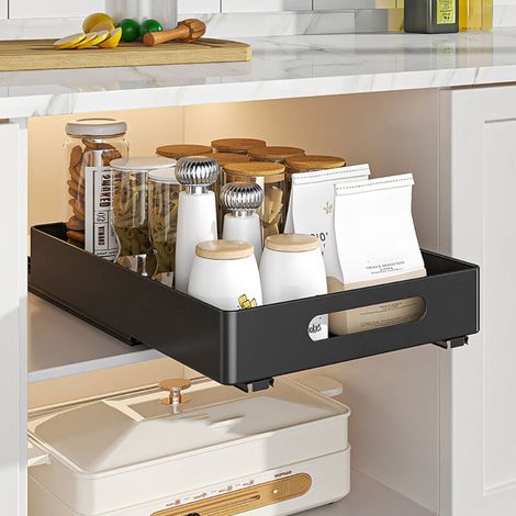 Tiroir Coulissant Cuisine, Etagere Rangement Cuisine Telescopique pour Armoires de Cuisine, Salon, Maison (26 cm L x 37 cm P x 8 cm H), Aucun Perçage Requis, Noir