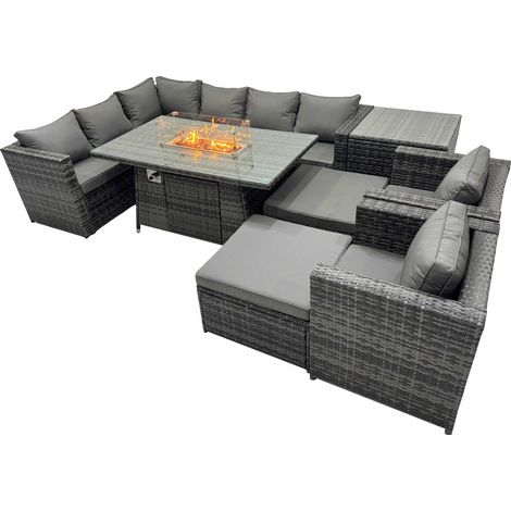 Fimous Rattan Garden Furniture Dining Set 10-seater Gas Firepit Dining Table Corner Sofa Set with 2 Big Stools Side Table Dark Grey Mixed (1/5)