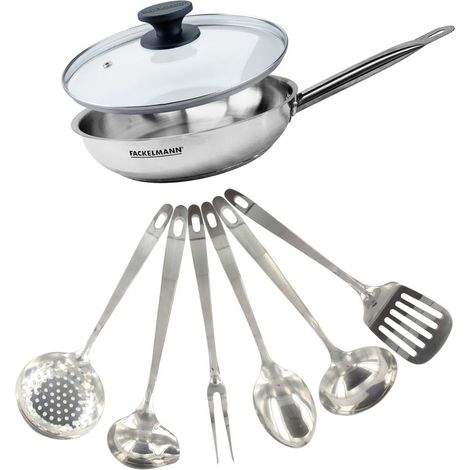 Set poêle 28 cm en inox, couvercle verre et 6 ustensiles inox Fackelmann Eterna (1/5)