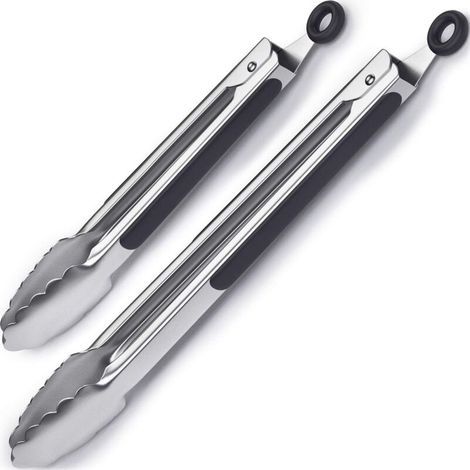 Stainless steel and heat-resistant silicone barbecue tongs – Set of 2 tongs, 22.9 cm and 30.5 cm – Locking mechanism (1/5)