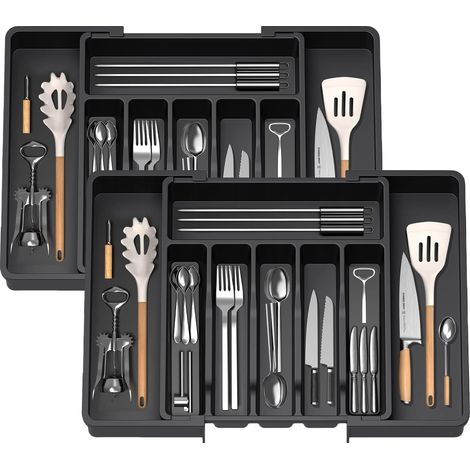Plateau d'Ustensiles Extensible pour Tiroir,Range Couverts,Organisateur de Tiroir pour la Cuisine,Support de Rangement en Plastique pour Couverts, Cuillères, Fourchettes,etc,Noir,2PCS (1/5)