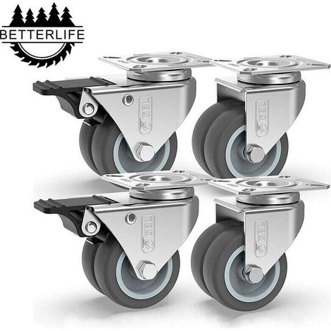 4 Roulettes pour Meubles 400KG , Roulettes Pivotantes 50mm Avec Frein et Sans Frein, Roues Plaques Industrielles Transport