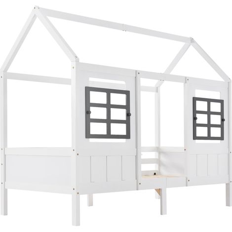 Cama casita infantil blanca 200x90 cm con 2 ventanas en pino y MDF (1/5)