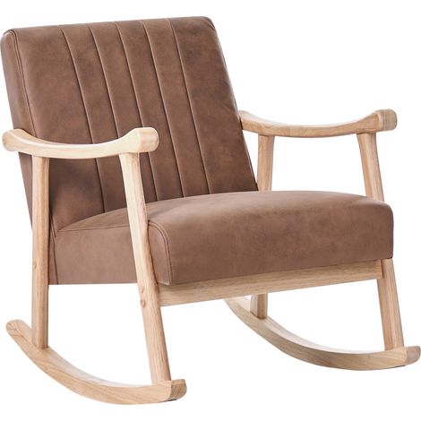 Sillón mecedora tapizado de piel sintética patas de madera de caucho con reposabrazos sala de estar habitación infantil marrón Leknes